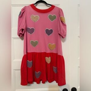 QUEEN OF SPARKLES Pink and Red Heart Embellished Mini Dress